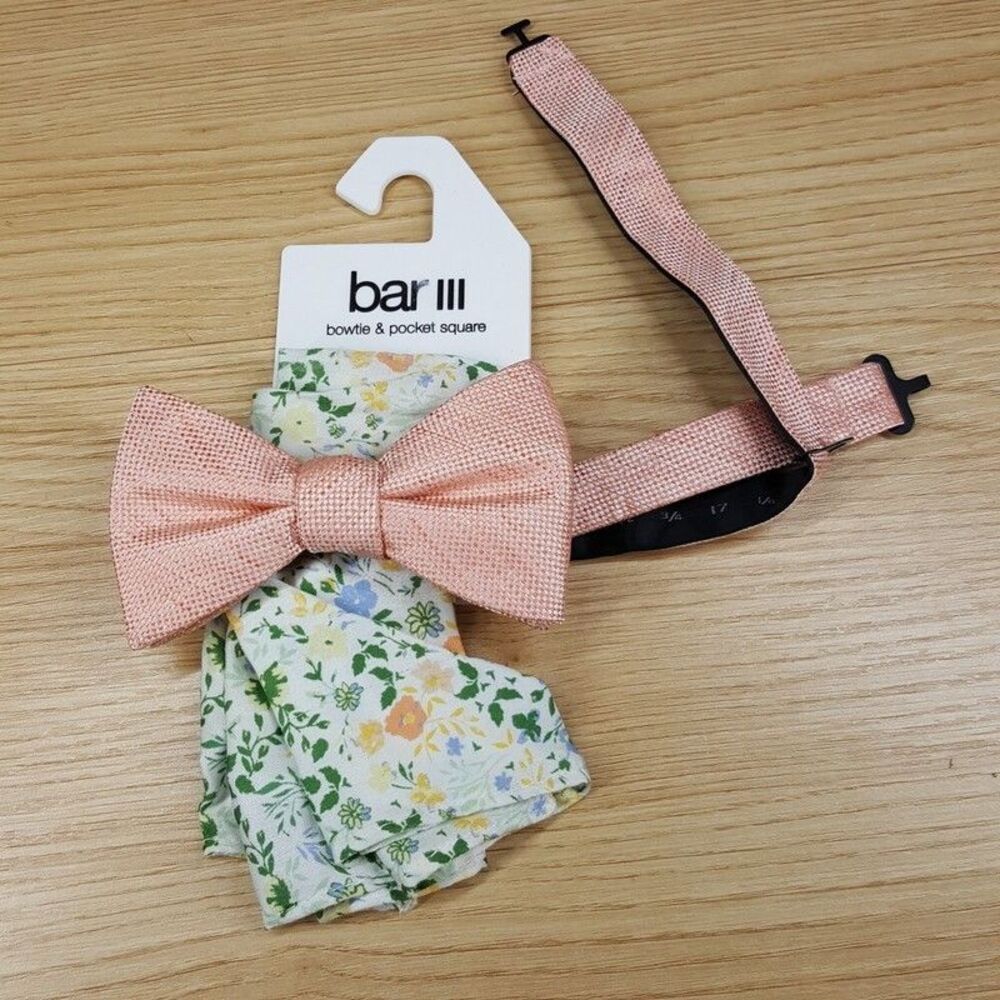 BAR III Mens Melon Floral Textured Bow Tie Pastel Pocket Square Set